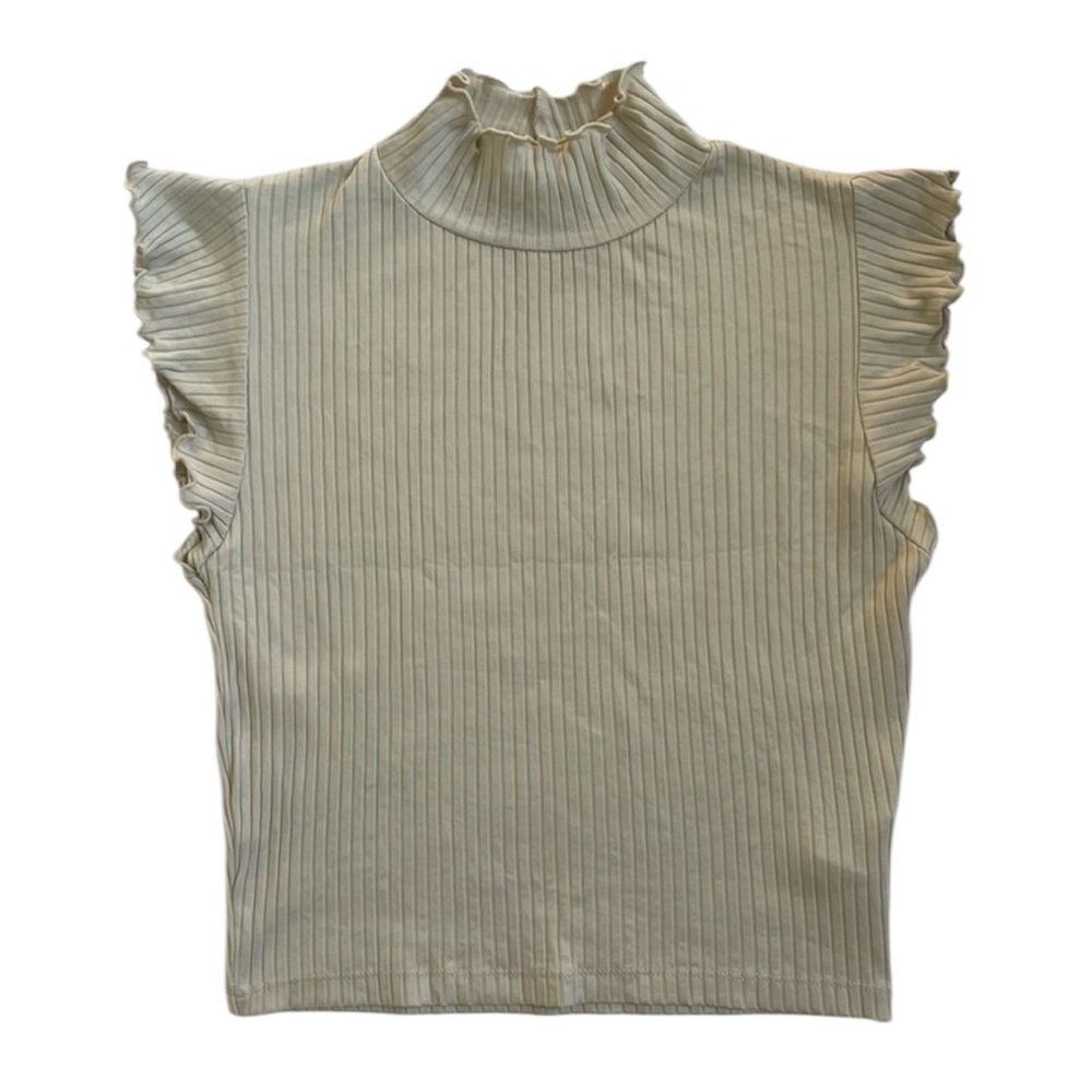 Zara Ribbed Ruffle Sleeve high neck Blouse beige Women’s S
